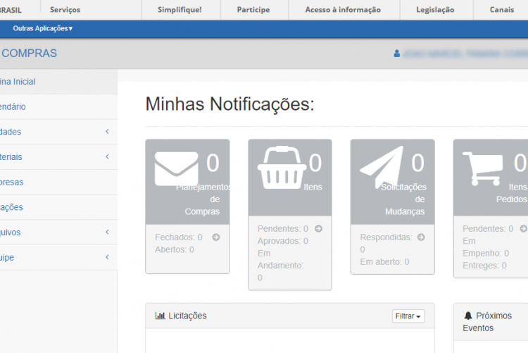 Tela do sistema de compras