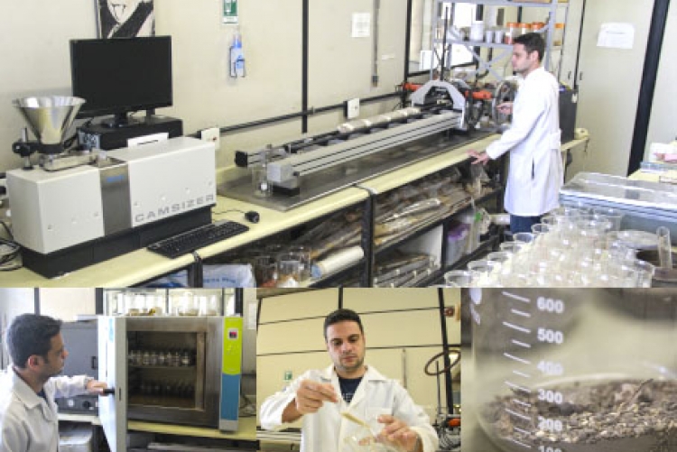 LAPSA — Técnicos especializados realizam o corte, secagem e sepação de amostras de sedimentos