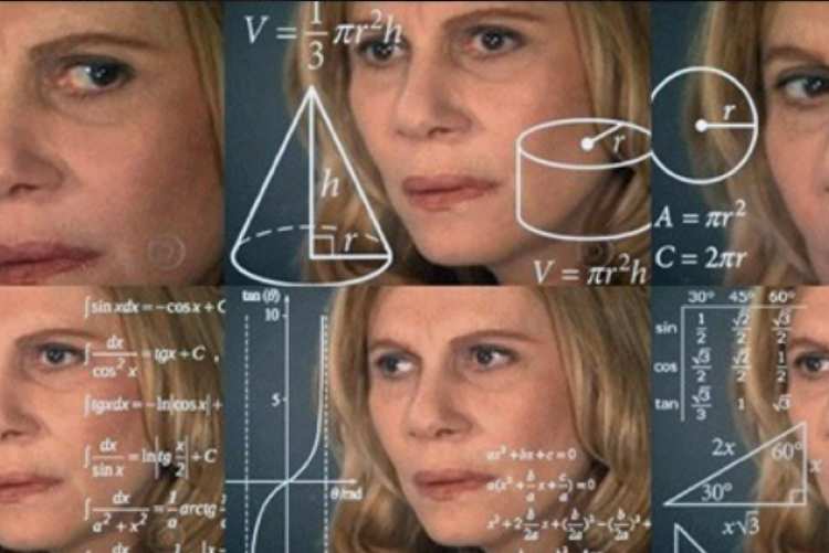 #MuseuDeMemes #PraTodosVerem Uma montagem com seis fotos em que a personagem Nazaré, uma mulher branca de cabelos loiros exibe uma feição de dúvida. Vários cálculos estão descritos em cada imagem do rosto da mulher, representando, em geral, a ideia de confusão ou dificuldade de compreensão