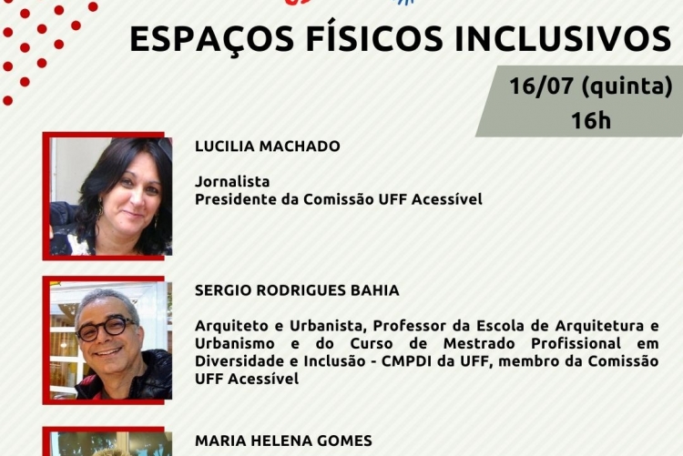 # PraTodosVerem: imagem com fundo branco.  No topo os logos do Facebook, da Comissão UFF Acessível e da Universidade Federal Fluminense. No lado esquerdo,  um conjunto de bolinhas vermelhas que formam uma seta.  Na parte superior,  Live e o símbolo de 