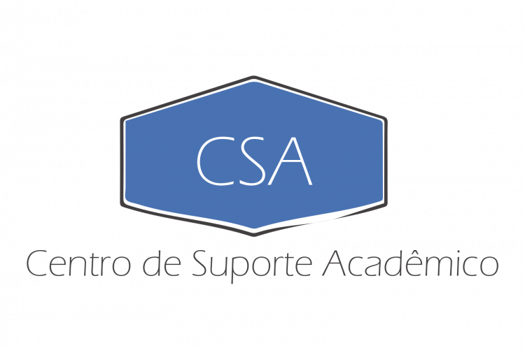 #pracegover A imagem representa o logotipo do Centro de Suporte Acadêmico, cuja sigla CSA está inserida em um losango azul. O título 