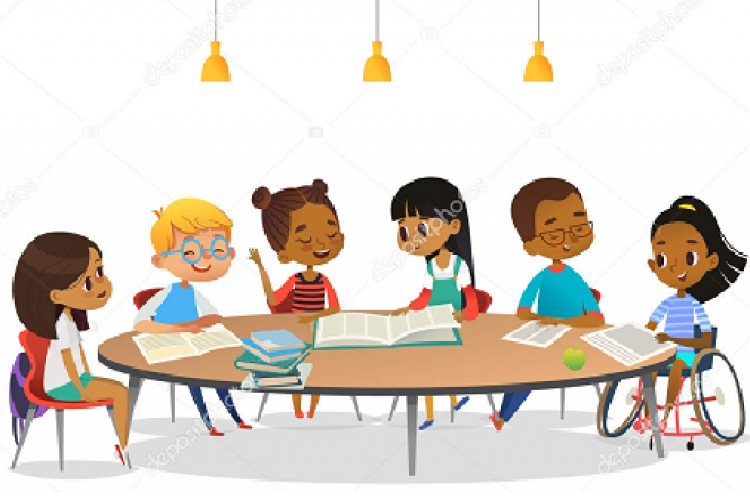 #pratodosverem imagem de um grupo de seis pessoas em volta de uma mesa redonda.  
