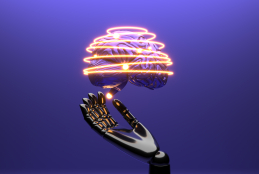 Mão robótica sustentando a imagem de um cérebro iluminado