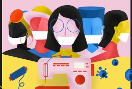 Ilustração com diferentes profissionais usando máscara e uma máquina de costura em frente