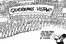#ParaTodosVerem Um quadrinho em preto e braco com pessoas segurando cartazes, no qual pode ser lido “Queremos votar”, e um militar com megafone dizendo “Voltem para suas casas! O povo é ilegal…”.