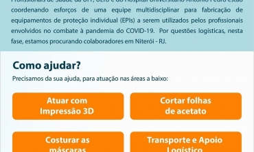 #pratodosverem cartaz de fundo branco com detalhes em tons de azul e laranja.  Na parte superior em destaque a chamada para o Combate ao "Covid 19". Logo abaixo a informação de que profissionais da UFF, HUAP e da UERJ estão montando uma equipe multidisciplinar para fabricação de Equipamentos de Proteção Individual (EPis) para uso de profissionais envolvidos no combate à pandemia, e a convocação de colaboradores de interessados em participar do projeto. E as dicas de "Como ajudar": -Atuar com impressão 3D - 
